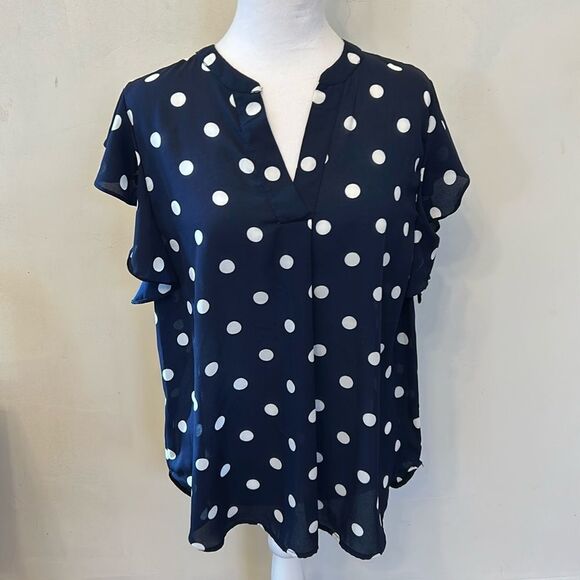 ovi navy blue white polka dot sheer ruffle cap sleeve blouse Size L EUC - Picture 1 of 8